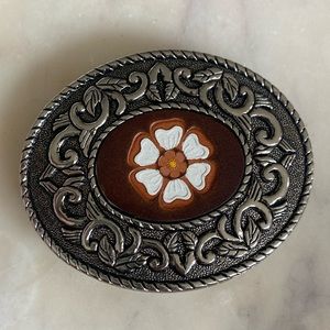 Vintage OOK Painted Floral Leather Plaque Statement hippie Boho Belt Buckle